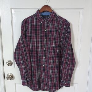 Chaps Red and Blue Casual Button Down Shirt with Plaid Design